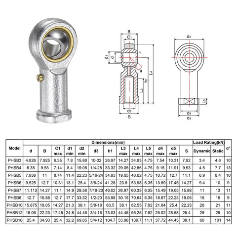 3/8 Inch Female Rod End Bearing With 3/8-24 Right Hand Thread, Self Lubricating Joint, 9 Degree Angular Misalignment dimensions