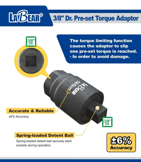 35Nm Torque Limited Wrench, manganese phosphate, 3/8" drive, oil filter and spark plug adapter, labeled with accuracy features