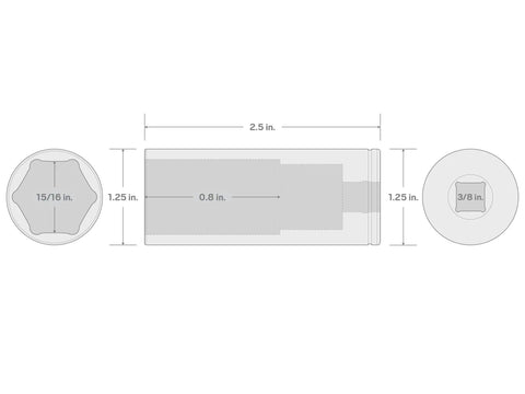 Technical diagram of Deep Reach Three Eighths Inch Drive Fifteen Sixteenth Inch Deep Six Point Socket for hex fasteners with measurements.