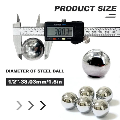 1.5 Inch Bearing Balls Set Five Pieces 38mm G25 Steel Precision Balls showing size measurement with caliper