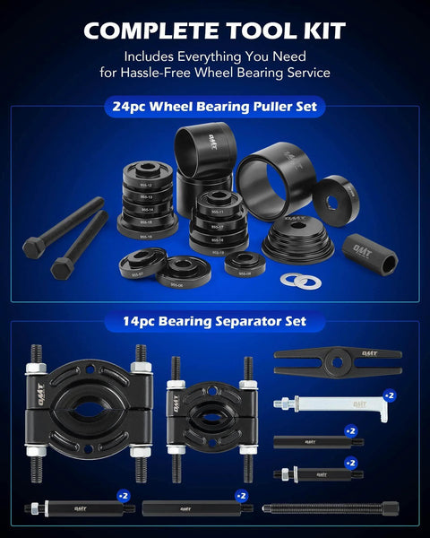38pc 2-in-1 Bearing Press Kit, Front Wheel Bearing Removal Kit with Sliding Screws Sleeve, shown in components layout.