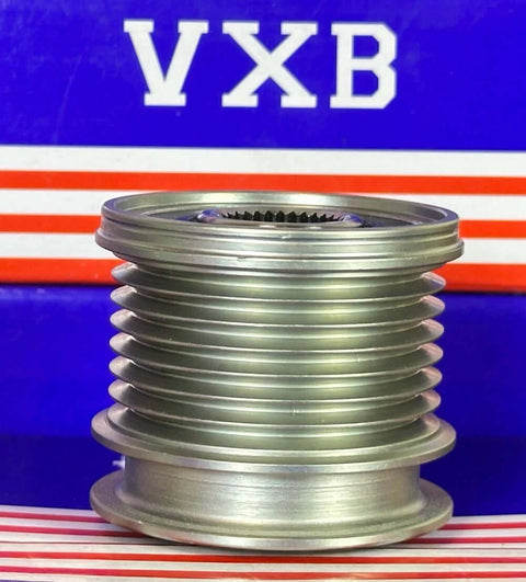 Alternator freewheel clutch pulley, 7-groove, 17 mm bore, silver metal, VXB Bearings logo in blue background
