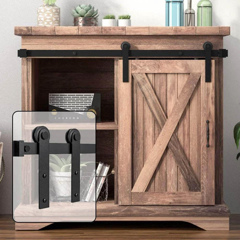 3.5FT Super Mini Sliding Barn Door Hardware Kit for Single Cabinet Doors on TV Stands and Small Wardrobes, I Shape Hanger Design