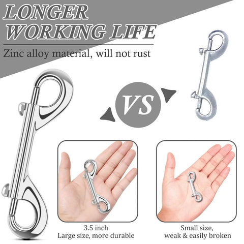 Comparison of 3.5 Inch Double Ended Snap Hooks 110lbs Zinc Alloy vs smaller snap hook, showcasing durability and size differences