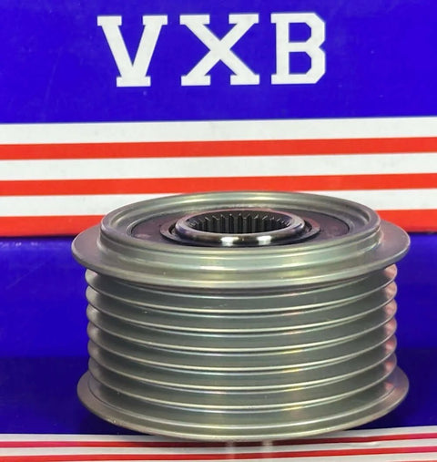Front view of silver metal alternator freewheel clutch pulley, Hyundai-compatible, with splined inner bore, by VXB.