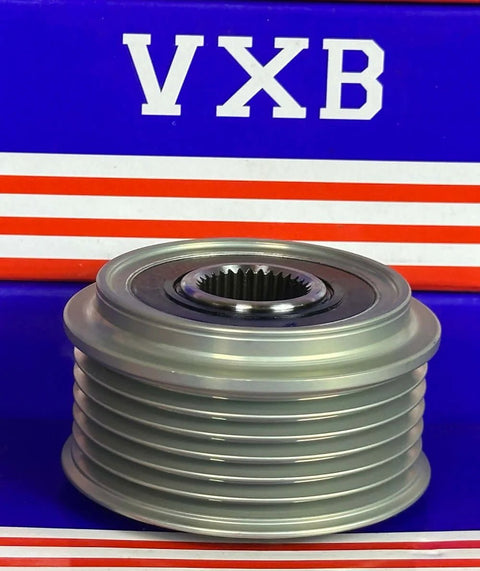 Auto alternator clutch overrunning pulley, gray multi-groove with splined bore, front view, Kia/Hyundai, VXB Bearings.