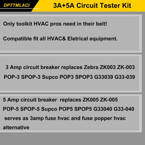 Packaging of Resettable Fuse Kit For HVAC Circuit Breakers, 3A And 5A Dual Pack, Testers For 32V DC and 125 to 250V AC.