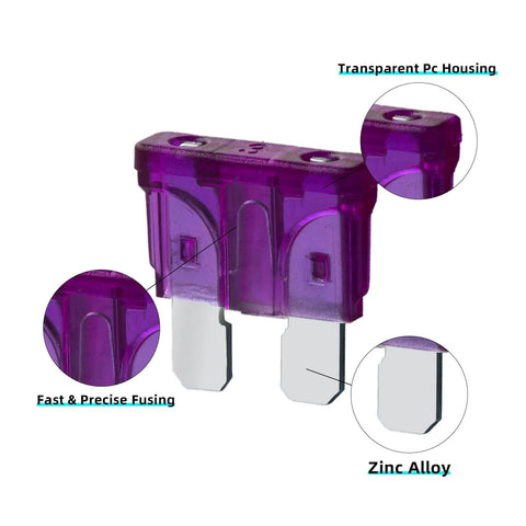 Close-up of a purple 3 Amp blade fuse with zinc alloy conductivity and transparent housing, from 20 Pack 3 Amp Blade Fuses For Automotive Use.