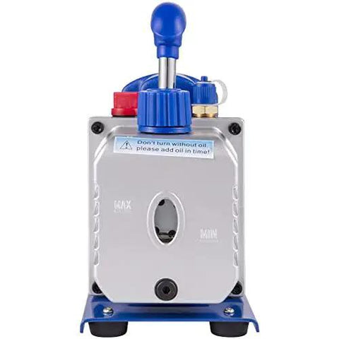 Front view of 3CFM 1/4HP Single Stage Air Vacuum Pump Kit for HVAC and Refrigeration R134a R12 R22 R410a with gauges and valves by VEVOR.