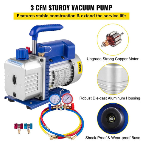 3CFM 1/4HP single-stage air vacuum pump kit by VEVOR with AC manifold gauge, die-cast aluminum housing, and carrying tote.