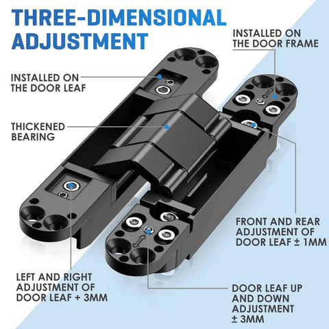 Ultra Quiet Hidden Door Hinge With 3D Micro Adjustable Fit, highlighting adjustment features, ideal for bedroom and study doors.