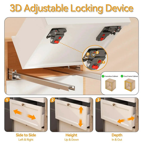 3D locking device mechanism for undermount soft close drawer slides, adjustable for side, height, and depth in face frame cabinets.
