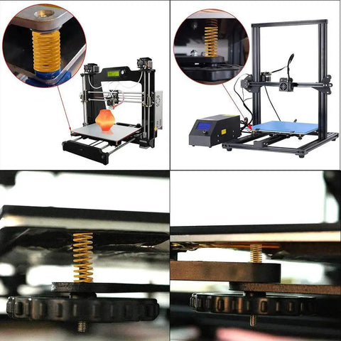 3D printer with installed Five Pack 3D Printer Bed Springs 20mm OD 10mm ID 25mm Length Compression Mould Die Springs Light Load Blue