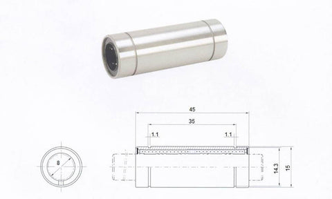3D Printer CNC Parts LM8LUU Linear Bearing Set for JGAurora Voron Monoprice Maker Select, diagram with 8mm bore size
