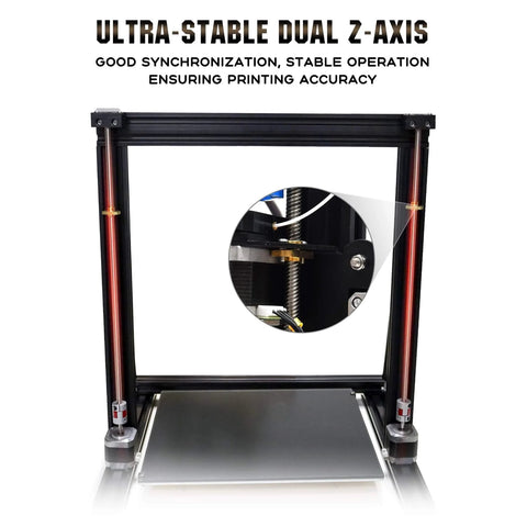 Close-up of 3D printer with focused view on dual Z-axis ensuring synchronization, featuring red vertical supports.