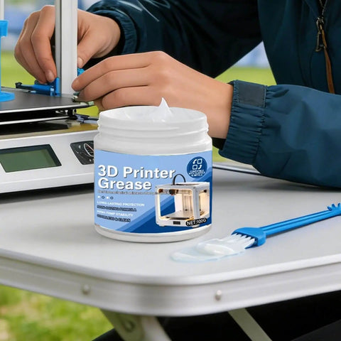 3D Printer Lube Kit 100g Bearing Oil with Brush Gear Grease displayed next to a 3D printer in a home workshop setting