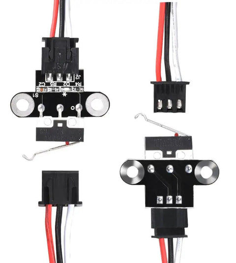 Six Pack Mechanical Endstop Limit Switch Modules For 3D Printers With Horizontal Type Action 1 Meter Cable Normally Open Plug And Play On Ramps 1.4 And Compatible Boards For Precise Homing shown from front and side views