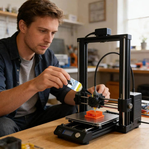 Man applying 3D Printer Lubricant 100g Dust Resistant Oil For Smooth Precision And Low Friction Movement Across Axes And Gears Pro Grade