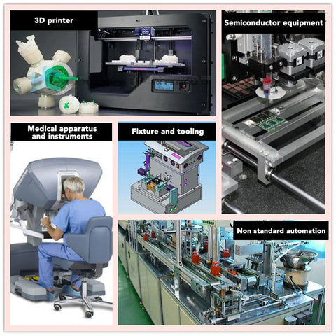 Collage showing applications of Four Pack SK6 Aluminum Linear Rail Clamping Supports For 6mm Shafts in 3D printers, CNC, medical, and automation.