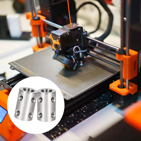 Two Pack 8mm to 8mm stainless steel shaft couplers with 3D printer motor, showing precise alignment and durable operation.