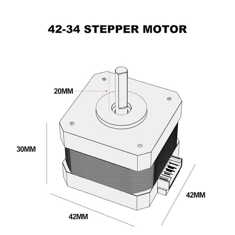 Diagram of 3D Printer Stepper Motor 42-34 with dimensions labeled, for Creality Ender-3 Series and CR-10 Series E-axis.