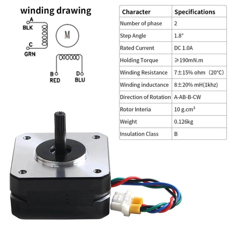 Prusa Accessory - Extruder Stepper Motor Replacement - Small Stepping Motor 42-20: 2 Phases 1A 1.8 Degrees 0.19 N.M with Integrated Cable