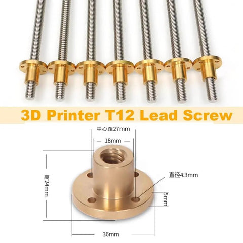 Lead screw, 3d printer t12 lead screw, 12mm pitch 2mm length 100mm-1200mm with copper nut, 1pcs(1200mm) image