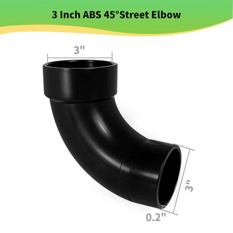 3 Inch ABS 45 Degree Street Elbow Fitting for DWV Pipes Hub to Spigot, Solvent Weld Required, No Sweat DIY Right Angle Connection