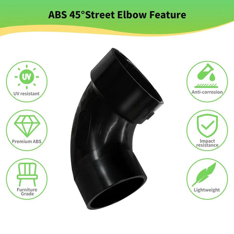 3 Inch ABS 45 Degree Street Elbow Fitting for DWV Pipes Hub to Spigot, showing UV resistance, anti-corrosion, and premium ABS features.