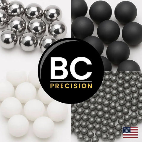 Collage of various precision ball bearings including chrome steel and different finishes with BC Precision logo and USA flag