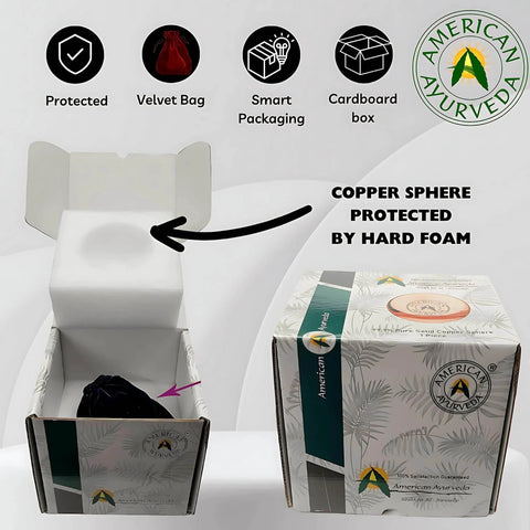 Open box with protective packaging for 3 inches Copper Ball, Copper Metal Ball, Bring Integrity and Clear Thinking with Natural Energy.
