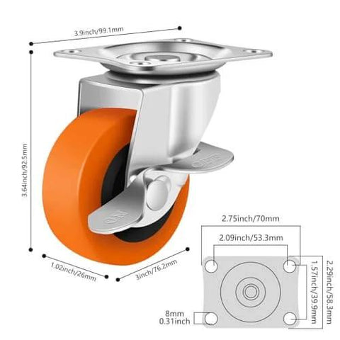 3 Inch Heavy Duty Caster Wheels Set of 16 with Brake, Swivel Top Plate, polyurethane wheel dimensions diagram