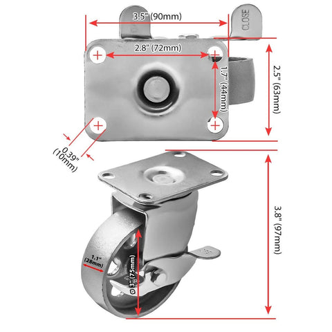 3 Inch Heavy Duty All Steel Swivel Plate Caster Wheels Set of 4 with brake lock, showing dimensions and construction materials.