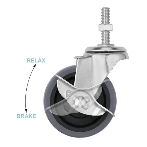Locking Stem Caster Wheels Set Of Four Three Inch Heavy Duty Swivel Castors With Five Sixteenth Inch Stem Diameter And One And A Half Inch Stem Length Gray Finish Side Lock Brake 150 Lb Load Per Wheel 600 Lb Total Capacity, close-up