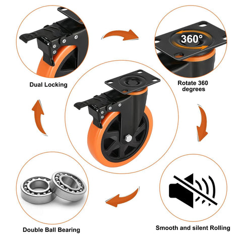 3 inch heavy duty plate swivel caster wheels set of 4 with safety brakes, dual locking, rotates 360 degrees, silent rolling