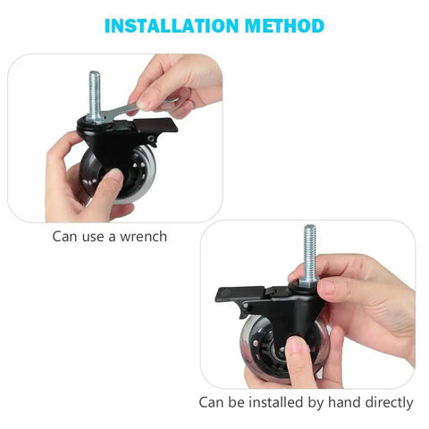 Installation method for Three Eighths Inch 16 UNC Threaded Stem Locking Swivel Caster Set Of Four; hand and wrench shown.