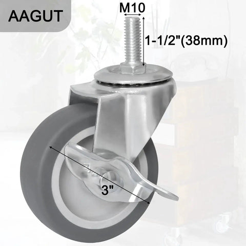Close-up of a 3-inch rubber heavy-duty caster wheel with locking brake, M10 x 1.5 threaded stem, industrial swivel castor