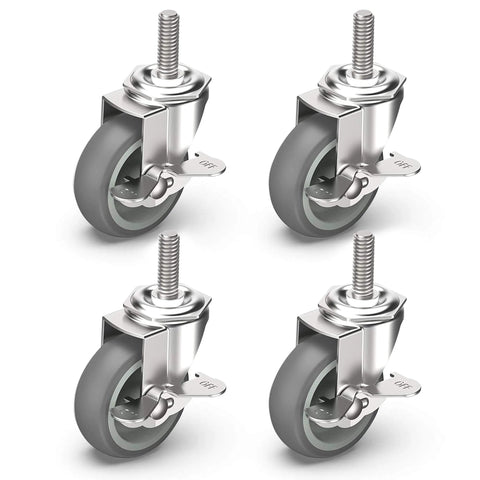 3 Inch Locking Caster Wheels Set of 4 with Threaded Stem 3/8-16 x 1-1/2, heavy duty swivel casters with side brake, gray rubber wheels
