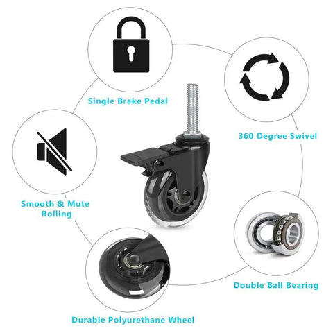Three Eighths Inch 16 UNC Threaded Stem Locking Swivel Caster with brake, 360 swivel, 3-inch wheel, polyurethane, double ball bearing.
