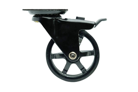 Side view of 3 Inch Polyurethane Black Mag Designer Caster Set With Non Marking Floor Protection, Total Lock Braking System, metal frame.