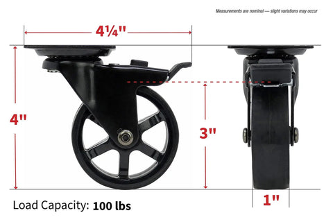 Side and front view of 3 Inch Polyurethane Black Mag Designer Caster Set With Non Marking Floor Protection, Total Lock Braking System, Four Pre Drilled Corner Mounting Holes, Double Ball Bearings, 4 Pack.