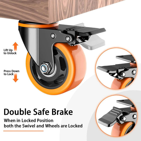 Close-up of 3 inch heavy duty caster wheels set of 4 with locking brakes, silent industrial swivel plate casters for carts, furniture, benches.