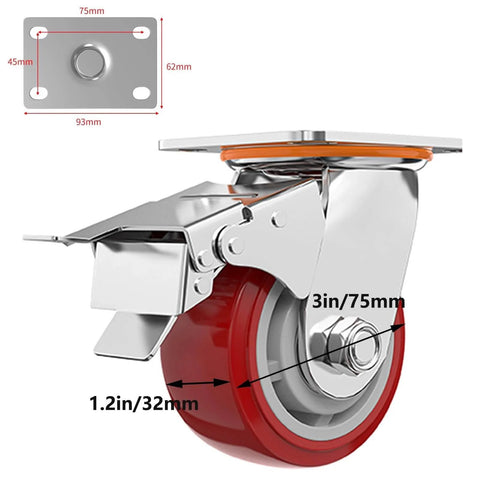 Side view of Heavy Duty Swivel Caster Wheels Set of 4 with Dual Locking Brakes and Polyurethane Top Plate, showing dimensions.