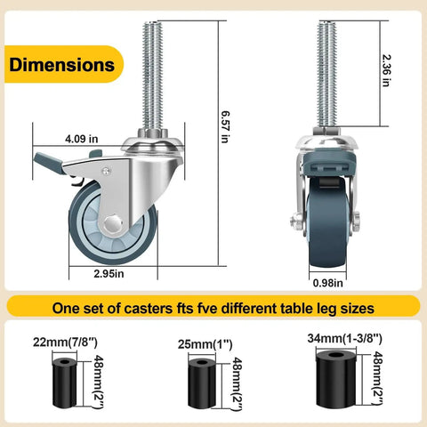 3 Inch Expanding Stem Caster Wheels Set Of 4 For Prep Tables Heavy Duty Casters With Locking Brake dimensions shown