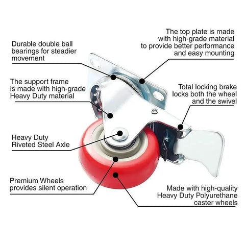 8 Pack 3 Inch Combo Caster Set With 4 Swivel Casters With Brakes and 4 Plate Heavy Duty Casters on Red PU Wheels close-up view