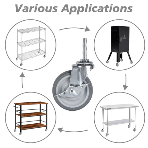 Heavy Duty 3 Inch Swivel Caster Wheels Set Of Four With Five Sixteenth Inch Threaded Stem Eighteen Threads One And A Half Inch Long Rubber Locking Casters For Wire Shelving Furniture And Carts Total Static Load Capacity 720 Pounds displayed with various applications including a metal shelving unit, a black cabinet, a wooden shelf, and a metal table.