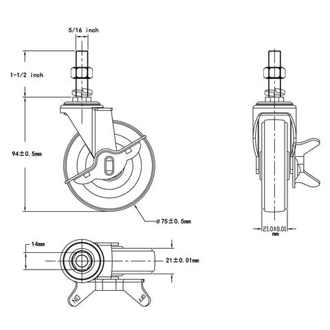 Technical diagram of Heavy Duty 3 Inch Swivel Caster Wheels Set Of Four With Five Sixteenth Inch Threaded Stem Eighteen Threads One And A Half Inch Long Rubber Locking Casters For Wire Shelving Furniture And Carts Total Static Load Capacity 720 Pounds.