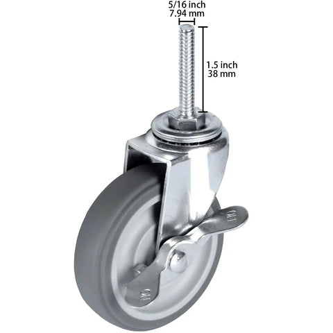 Heavy Duty 3 Inch Swivel Caster Wheels Set Of Four With Five Sixteenth Inch Threaded Stem Eighteen Threads One And A Half Inch Long Rubber Locking Casters For Wire Shelving Furniture And Carts Total Static Load Capacity 720 Pounds close-up.