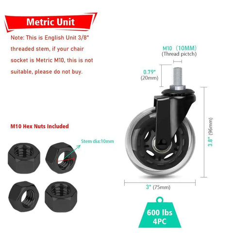 Diagram showing 4 Pack Swivel Caster Wheels 3 Inch Heavy Duty With M10 Threaded Stem And Hex Lock Nuts with specifications.
