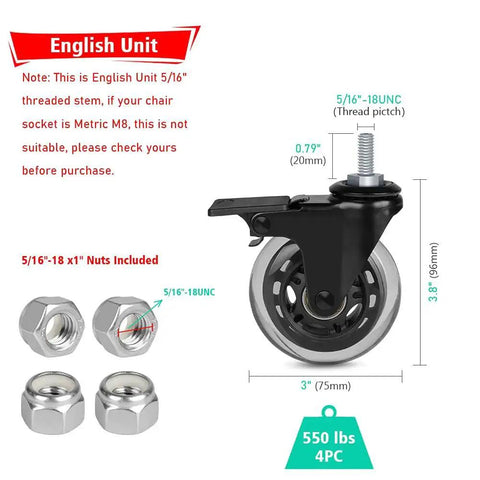 3 Inch Threaded Stem Caster Wheels Set Of 4 With Brakes Heavy Duty Swivel Casters 5/16-18 UNC For Workbenches Trolleys